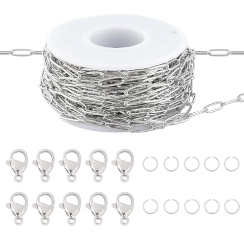 Beebeecraft Büroklammerkette zur Schmuckherstellung, ovale Gliederkette aus 304 Edelstahl, für die Herstellung von Armbändern, Halsketten, mit 80 Biegeringen, 40 Karabinerverschlüssen von Beebeecraft
