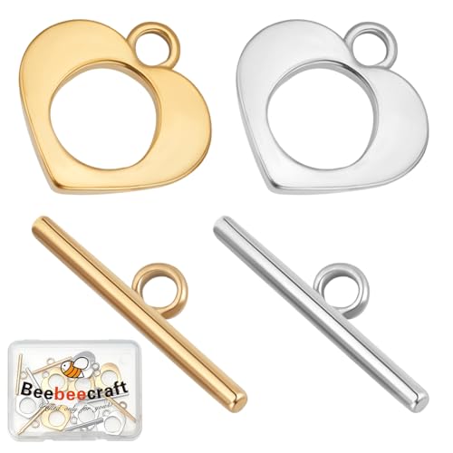 Beebeecraft Knebelverschluss in Herzform, 18 Karat vergoldet, 304 Edelstahl, OT-Liebesverbinder, Ringverschluss für Schmuckherstellung, 10 Sets von Beebeecraft