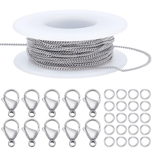 Beebeecraft Schmuckherstellungsset Kette 33 Fuß/10 m Kubanische Kette 304 kubanische Gliederketten Aus Edelstahl Mit 30 offenen Biegeringen 10 Karabinerverschlüssen Für Die Schmuckherstellung von Beebeecraft