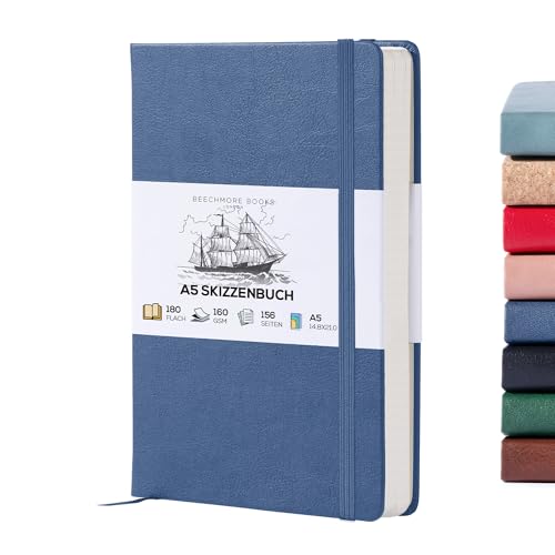 BEECHMORE BOOKS Skizzenbuch A5 (14,8 x 21) – Hardcover aus Veganleder, 156 Seiten 160 g/m² | Perforiert, Lay-Flat, Geschenkbox, Skizzenblock für Zeichnen, Malen, Mixed Media von Beechmore Books