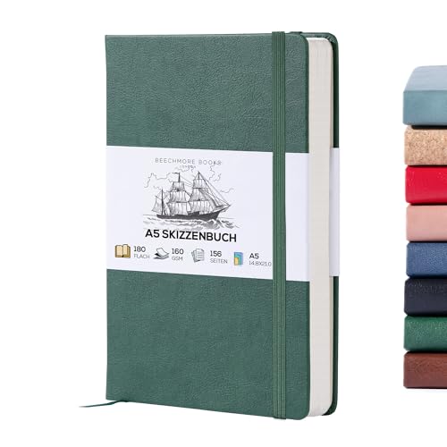 BEECHMORE BOOKS Skizzenbuch A5 (14,8 x 21) – Hardcover aus Veganleder, 156 Seiten 160 g/m² | Perforiert, Lay-Flat, Geschenkbox, Skizzenblock für Zeichnen, Malen, Mixed Media von Beechmore Books