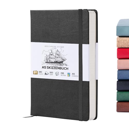 BEECHMORE BOOKS Skizzenbuch A5 (14,8 x 21) – Hardcover aus Veganleder, 156 Seiten 160 g/m² | Perforiert, Lay-Flat, Geschenkbox, Skizzenblock für Zeichnen, Malen, Mixed Media von Beechmore Books
