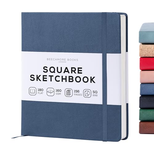 BEECHMORE BOOKS Skizzenbuch quadratisch (20,3 x 20,3 cm) – Hardcover aus Veganleder, 156 Seiten 160 g/m² | Perforiert, Lay-Flat, Geschenkbox, Skizzenblock für Zeichnen, Malen, Mixed Media von Beechmore Books