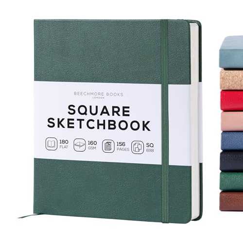 BEECHMORE BOOKS Skizzenbuch quadratisch (20,3 x 20,3 cm) – Hardcover aus Veganleder, 156 Seiten 160 g/m² | Perforiert, Lay-Flat, Geschenkbox, Skizzenblock für Zeichnen, Malen, Mixed Media von Beechmore Books