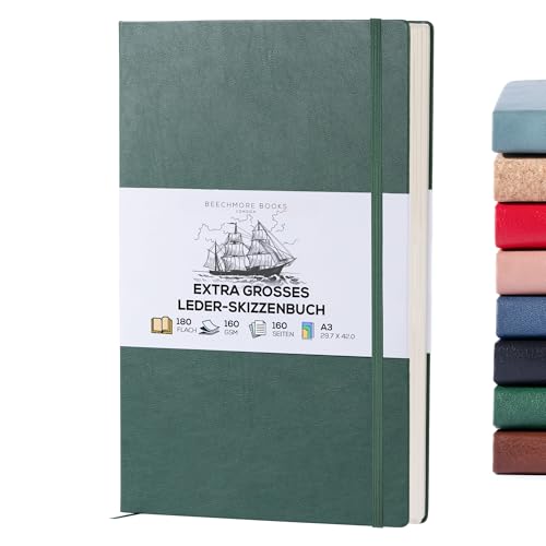 Beechmore Books Skizzenbuch - XL A3, Grün I Kunst Sketchbook aus veganem Leder, Hardcover, für Zeichnungen, Skizzen, dickes Papier 160gsm, linierter Zeichenblock, mit Geschenkbox, für Männer & Frauen Beechmore Books Skizzenbuch - XL A3, Grün I Kunst Sketchbook aus veganem Leder, Hardcover, für Zeichnungen, Skizzen, dickes Papier 160gsm, linierter Zeichenblock, mit Geschenkbox, für Männer & Frauen von Beechmore Books