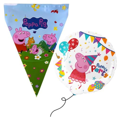 Peppa Wutz Geburtstagsdeko, Kindergeburtstag Deko, Peppa Wutz Party Set, 1 Wimpelgirlande (9m) + 1 Folienballon 46 Cm, Dekoriere deine Kinderparty für Mädchen und Jungen von BeenSmile