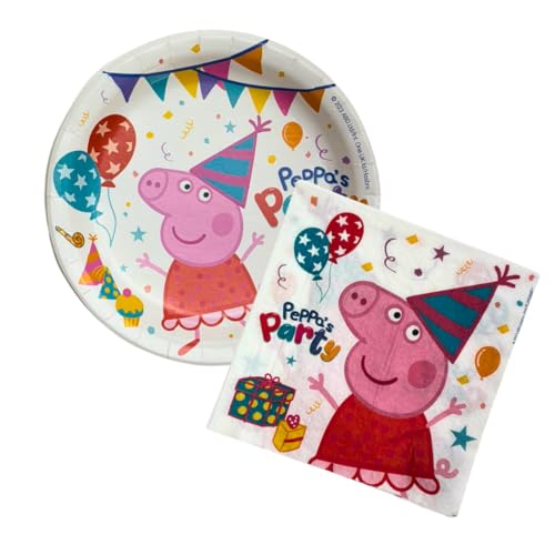 Peppa Wutz Geburtstagsdeko, Kindergeburtstag Deko, Peppa Wutz Party Set, Teller (8u) + Servietten (20u), Dekoriere deinen Tisch mit dem 23 cm Teller und den Servietten (33×33 cm), Kinderparty von BeenSmile