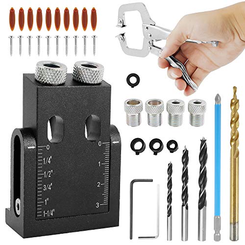 39 Stück Taschenloch Bohrvorrichtung Pocket Hole Jig Kit 6/8/10mm Winkelantriebsadapter Schrägloch Pocket Set 15° Bohrhilfe Schrägloch mit Schrauben und Dübeln für Holzbearbeitung Holzverbindung von Beenle-Icey