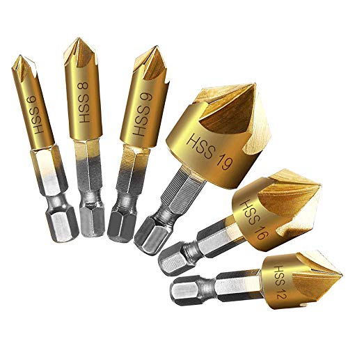 Beenle-Icey 6 Stück Kegelsenker Set Sechskant Senker Bohrer 90° Winkel Fase für Metall Holz mit Senkbohrer Titan-Beschichtungen 6/8/9/12/16/19mm Beenle-Icey 6 Stück Kegelsenker Set Sechskant Senker Bohrer 90° Winkel Fase für Metall Holz mit Senkbohrer Titan-Beschichtungen 6/8/9/12/16/19mm von Beenle-Icey
