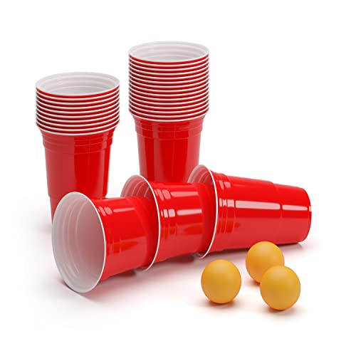 Rote Becher, Red Party Beer Pong Cups 16 oz. 473 ml rot inkl. 3 Beer Pong Bälle und Beer Pong Regelwerk (+ 3 orangene Bälle) von BeerCup-Classics