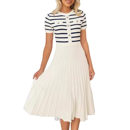 BeerMmay Damen-Sommerkleid aus Strickstoff, Casual Design mit Streifenknöpfen, Farbblockierung, fließenden kurzen Ärmeln und integrierten Falten BeerMmay Damen-Sommerkleid aus Strickstoff, Casual Design mit Streifenknöpfen, Farbblockierung, fließenden kurzen Ärmeln und integrierten Falten von BeerMmay