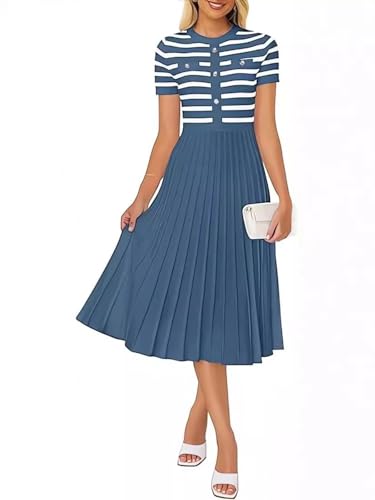 BeerMmay Damen-Sommerkleid aus Strickstoff, Casual Design mit Streifenknöpfen, Farbblockierung, fließenden kurzen Ärmeln und integrierten Falten BeerMmay Damen-Sommerkleid aus Strickstoff, Casual Design mit Streifenknöpfen, Farbblockierung, fließenden kurzen Ärmeln und integrierten Falten von BeerMmay