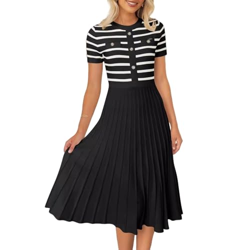 BeerMmay Damen-Sommerkleid aus Strickstoff, Casual Design mit Streifenknöpfen, Farbblockierung, fließenden kurzen Ärmeln und integrierten Falten BeerMmay Damen-Sommerkleid aus Strickstoff, Casual Design mit Streifenknöpfen, Farbblockierung, fließenden kurzen Ärmeln und integrierten Falten von BeerMmay