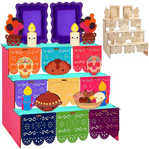 Beeveer Dia De Los Muertos Altar Ofrenda Holz Zuckerschädel und Kerze Papel Picado Tag der Toten Zubehör mit Bilderrahmen für Dia De Los Muertos Dekor und indische Diwali-Dekoration Beeveer Dia De Los Muertos Altar Ofrenda Holz Zuckerschädel und Kerze Papel Picado Tag der Toten Zubehör mit Bilderrahmen für Dia De Los Muertos Dekor und indische Diwali-Dekoration von Beeveer