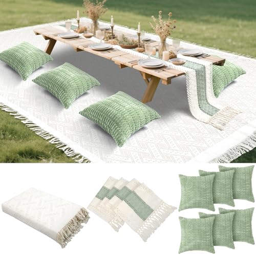 Beeveer Extra große Outdoor-Picknickdecke im Boho-Stil, 230 x 180 cm, grüner Tischläufer, 6 Kissenbezüge, gewebtes Baumwollgarn, übergroße Stranddecke, waschbar, für Sommer, Picknick, Camping, Strand Beeveer Extra große Outdoor-Picknickdecke im Boho-Stil, 230 x 180 cm, grüner Tischläufer, 6 Kissenbezüge, gewebtes Baumwollgarn, übergroße Stranddecke, waschbar, für Sommer, Picknick, Camping, Strand von Beeveer