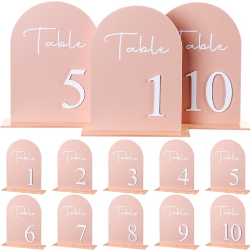 Beeveer Gewölbte Hochzeitstischnummern mit Ständer 1-10, 12,7 x 17,8 cm, Acryl-Tischnummernschild mit Halter für Hochzeitsempfang, Party, Jahrestag, Veranstaltung (Nude Pink) von Beeveer