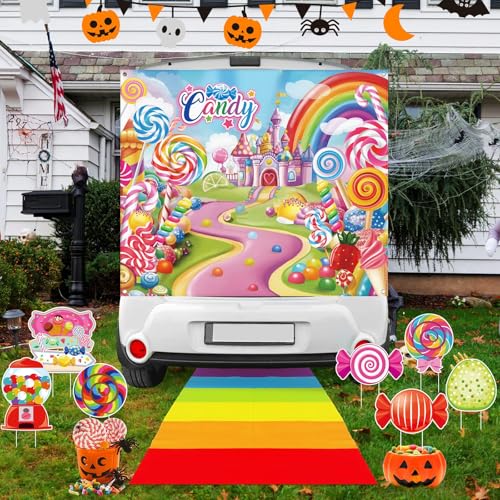 Beeveer Halloween Candy Trunk or Treat Auto Dekorationen Kit mit Sweet Candy Yard Schild Banner Treppentuch Lutscher Thema für SUV Auto Torbogen Garagentor Party Outdoor Dekor von Beeveer