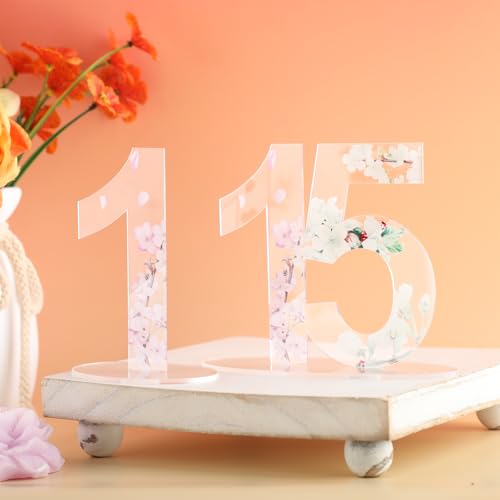 Beeveer Tischkarten aus Acryl, für Hochzeiten, 1-15, mit Ständer, 12,9 x 8,9 cm, klares Schild, Tischkarten mit Eukalyptus-Blumenmotiv für Hochzeitsempfang, Brautparty-Dekorationen von Beeveer
