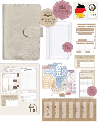 BeginnerBudget® Budget Planner Deutsch - Starterset mit Sparchallenge Budgetplaner - Sparen mit Umschlagmethode + Anleitung - Ringbuch A6 - Binder A6 Gecko-Style (Grau) von Beginner-Budget