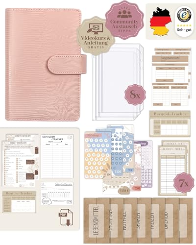 BeginnerBudget® Budget Planner Deutsch - Starterset mit Sparchallenge Budgetplaner - Sparen mit Umschlagmethode + Anleitung - Ringbuch A6 - Binder A6 Gecko-Style (Rosa) von Beginner-Budget