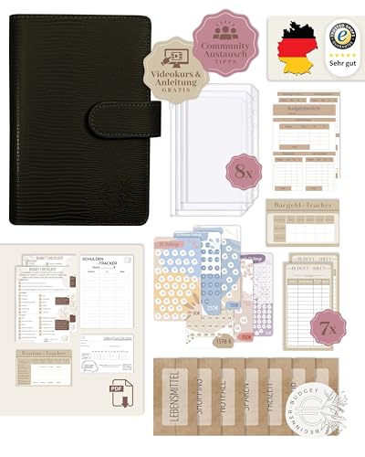 BeginnerBudget® Budget Planner Deutsch - Starterset mit Sparchallenge Budgetplaner - Sparen mit Umschlagmethode + Anleitung - Ringbuch A6 - Binder A6 Gecko-Style (Schwarz) von Beginner-Budget