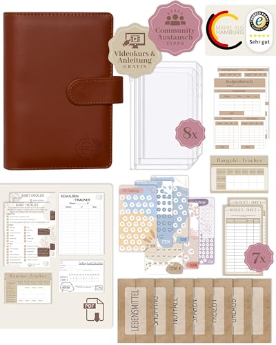 BeginnerBudget® Budget Planner Deutsch - Starterset mit Sparchallenge Budgetplaner - Sparen mit Umschlagmethode + Anleitung - Ringbuch A6 - Binder A6 Glattleder-Style (Braun) von Beginner-Budget