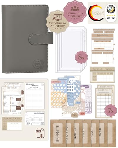 BeginnerBudget® Budget Planner Deutsch - Starterset mit Sparchallenge Budgetplaner - Sparen mit Umschlagmethode + Anleitung - Ringbuch - Binder A6 Glattleder-Style (Grau) von Beginner-Budget