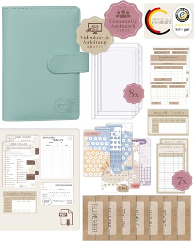 BeginnerBudget® Budget Planner Deutsch - Starterset mit Sparchallenge Budgetplaner - Sparen mit Umschlagmethode + Anleitung - Ringbuch A6 - Binder A6 Glattleder-Style (Hellblau) von Beginner-Budget