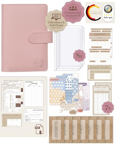 BeginnerBudget® Budget Planner Deutsch - Starterset mit Sparchallenge Budgetplaner - Sparen mit Umschlagmethode + Anleitung - Ringbuch - Binder A6 Glattleder-Style (Rosa) von Beginner-Budget