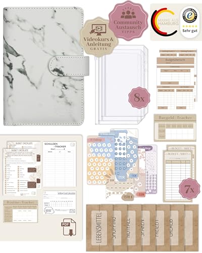 BeginnerBudget® Budget Planner Deutsch - Starterset mit Sparchallenge Budgetplaner - Sparen mit Umschlagmethode + Anleitung - Ringbuch A6 - Binder A6 Marmor-Style (Weiß) von Beginner-Budget