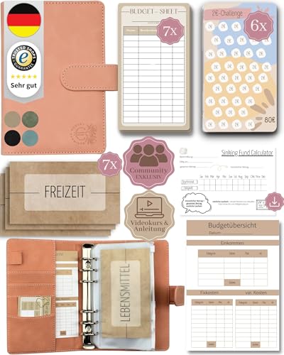 BeginnerBudget® Budget Planner Deutsch - Starterset mit Sparchallenge Budgetplaner - Sparen mit Umschlagmethode + Anleitung - Ringbuch A6 - Binder A6 Wildleder-Style (Rosa) von Beginner-Budget