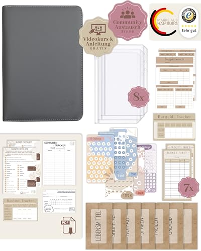 BeginnerBudget® Budget Planner Deutsch - Starterset mit Sparchallenge Budgetplaner - Sparen mit Umschlagmethode + Anleitung - Ringbuch - Binder A6 Geldbeutel Zipper (Grau) von Beginner-Budget