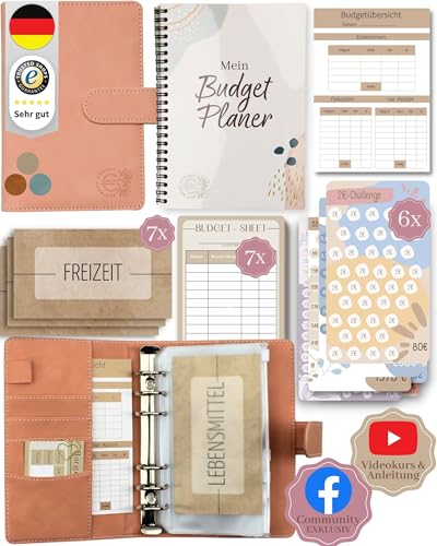 BeginnerBudget® Budget Planner Deutsch, Sparbuch für Geld & Haushaltsbuch mit Geld Sparen Challenge (144 Seiten), Umschlagmethode, Anleitung & Spar-Challenges, Ringbuch A6, vegan Wildleder (Rosa) von Beginner-Budget