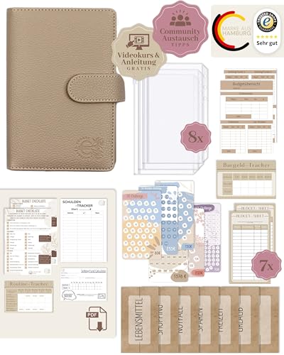 BeginnerBudget® Budget Planner Deutsch - Starterset mit Sparchallenge Budgetplaner - Sparen mit Umschlagmethode + Anleitung - Ringbuch A6 - Binder A6 Litchi-Style (Beige) von BeginnerBudget