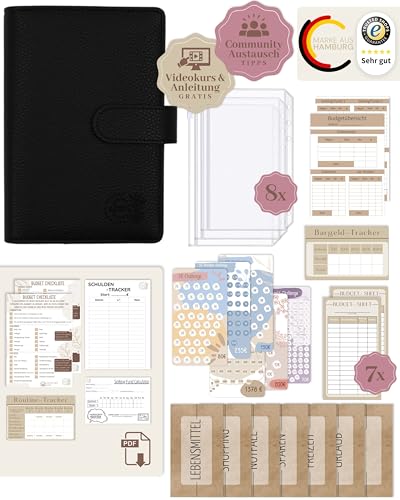 BeginnerBudget® Budget Planner Deutsch - Starterset mit Sparchallenge Budgetplaner - Sparen mit Umschlagmethode + Anleitung - Ringbuch A6 - Binder A6 Litchi-Style (Schwarz) von BeginnerBudget