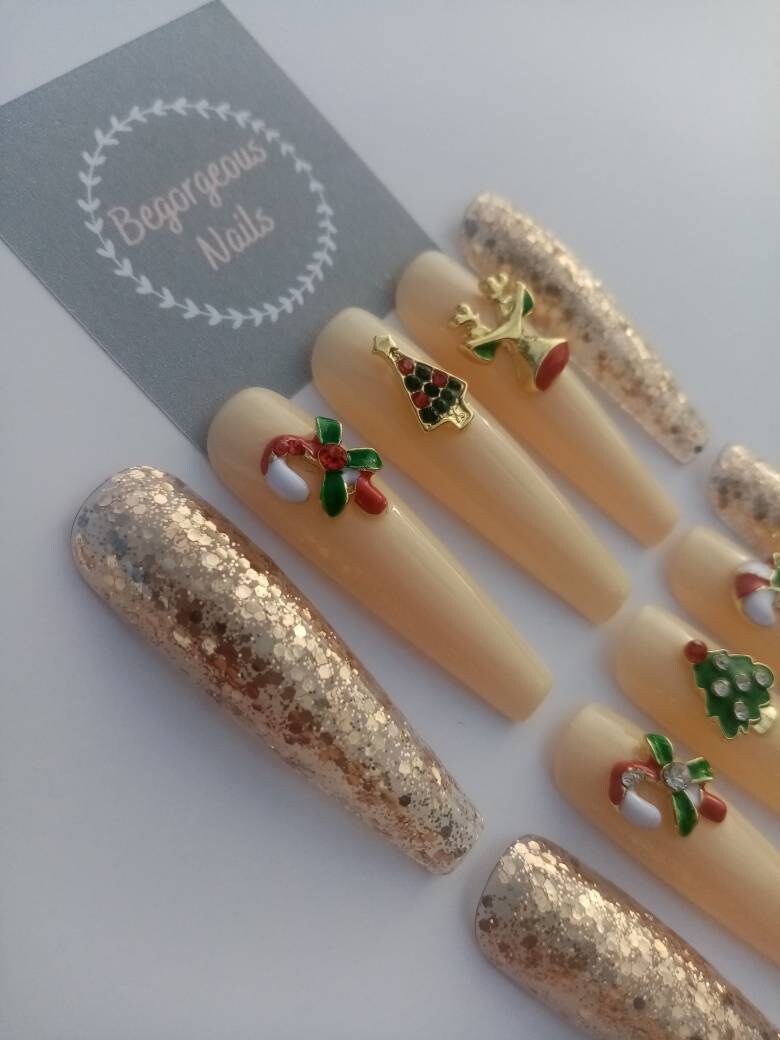Xxl Sarg Größe Klein | 2/5/4/6/8 Versandfertig Weihnachten Druck Auf Nagel Set/ Xmas Bling Charm Candy Cane Tree Nails von Begorgeousnails