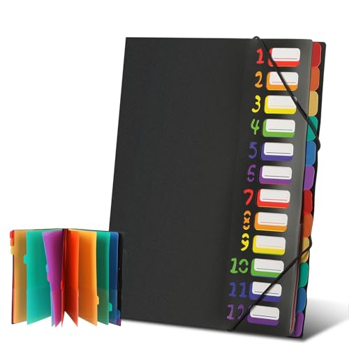 Dokumentenmappe A4, Fächermappe mit 12 Fächern, Bunte Etiketten Sortierordner Mappe, Wasserdicht, Kapazität Unterschriftenmappe A4 mit Gummizug, für Schule, Zuhause, und Auf Bürobedarf (Schwarz) von Behiruch