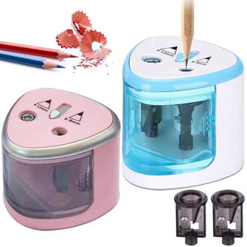 2 Stück Elektrischer Anspitzer, Doppelloch 6-8mm und 9-12mm Spitzer Elektrisch für Kinder, Elektrischer Universal Anspitzer, Elektrischer Spitzer für Schulen, Haushalte (Blau+Rosa) von Behogan