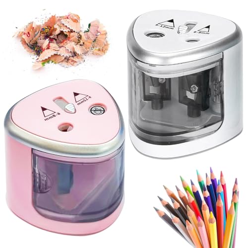 2 Stück Elektrischer Anspitzer, Doppelloch für 6-8mm und 9-12mm, Elektrischer Spitzer für Kinder, Elektrischer Universal Anspitzer, Elektrische Bleistiftspitzer für Haushalte, Schulen (Weiß+Rosa) von Behogan
