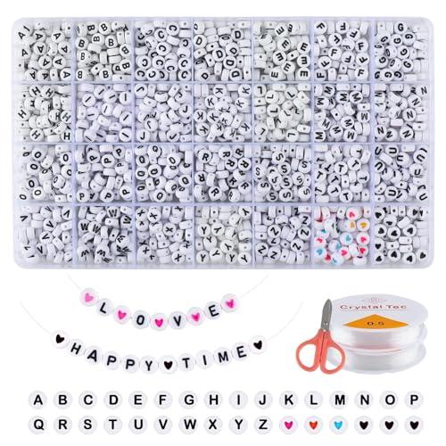 Beihre Buchstabenperlen, 1400 Stück 7mm Perlen Buchstaben A-Z für Armbänder lächelnde Gesicht Herz Perlen Perle für Schmuck Herstellung Schlüssel DIY Armband Set von Beihre