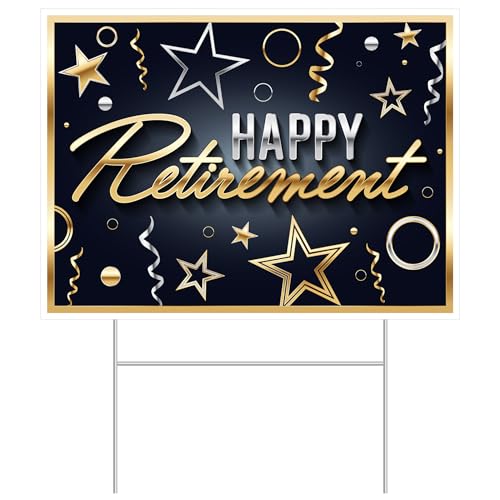Beistle Kunststoffschild "Happy Retirement" – Schwarzgold und Silber, Allwetter-Rasendekoration mit Sternen, Luftschlangen und Metallpfahl für Ruhestandsfeiern, Abschiede, Bürofeiern, 29,8 x 39,5 cm von Beistle