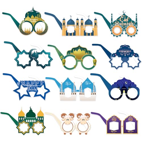 Bekecidi 12 Stück Eid Mubarak Partybrillen, Ramadan Fotoautomaten Requisiten Papierbrillen Stern Mond lustige Brillen Neuheit Brille Eid Ramadan Party Dekorationen Gastgeschenk Zubehör von Bekecidi