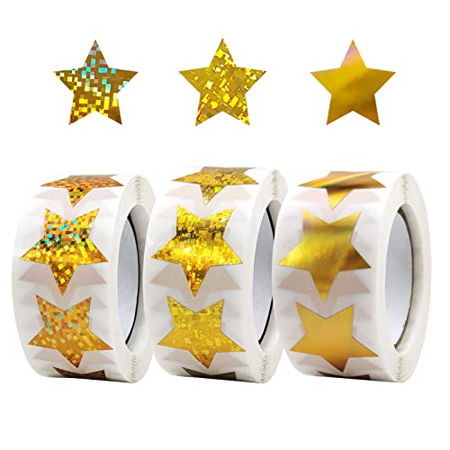 Bekecidi 1500 STÜCKE Goldene Sternaufkleber 3 Muster, 3 Rollen selbstklebende goldene Sterne, 2,5 cm Belohnungstabellen-Aufkleber, holografische Stern-Metallic-Aufkleber für Kinder(3 patterns-B) von Bekecidi