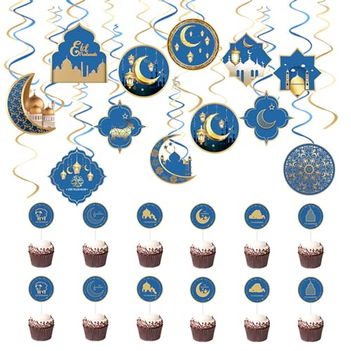 Bekecidi 24 Stück Eid Mubarak Dekorationen enthalten 12 Stück Ramadan Mubarak hängende Wirbel Luftschlangen und 12 Stück Ramadan Cupcake Topper, Eid Swirls Dekorationen, Kuchen Backen Ornamente, Blau von Bekecidi