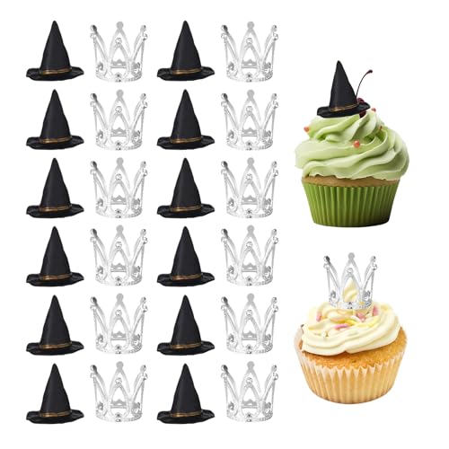 Bekecidi 24er-Pack Hexenhut-Cupcake-Topper, Kronen-Kuchenaufsätze, schwarzer Hexenhut, Cupcake-Picker, Mini-Tiara-Kuchendekoration für Geburtstagsfeiern, Babypartys und Hochzeitsfeiern von Bekecidi