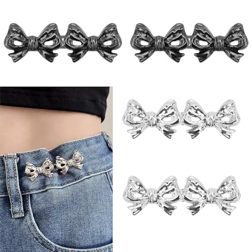 Bekecidi 4 Paar Schleifen-Jeansknopfnadeln, Abnehmbare Hosen-Taillenspanner, Verstellbare Taillenschnalle, Strafft die Taille, Kein Nähen, Taillenversteller-Clips für Lose Jeans (Silber) von Bekecidi