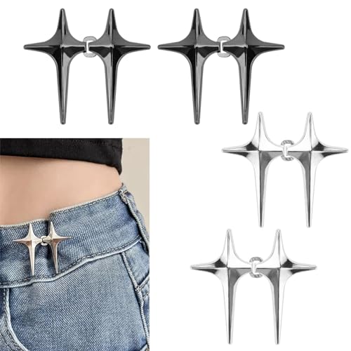 Bekecidi 4 Paar Stern Jeans Knöpfe Pins, abnehmbare Hose Taillenspanner Verstellbare Taillenschnalle Taillenknöpfe festziehen kein Nähen Hosen Enger Machen Clip für Jeans Hosen (Silber, Schwarz) von Bekecidi