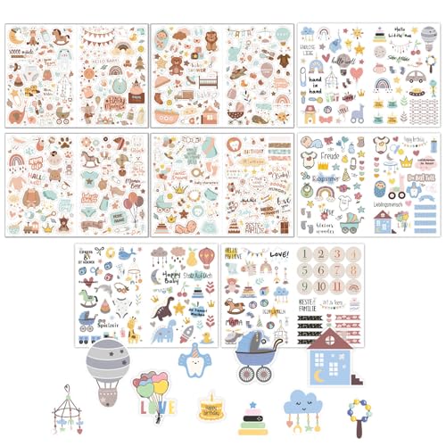 Bekecidi 8 Blatt Baby Scrapbook Aufkleber, Babyparty Aufkleber Verschiedene Muster Cartoon Aufkleber für Scrapbooking Schwangerschaft Aufkleber Baby Mädchen Junge Aufkleber für DIY Handwerk Journal von Bekecidi
