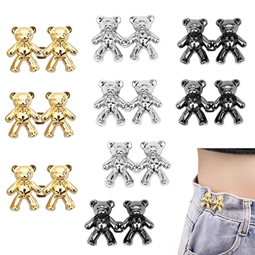 Bekecidi 9 Paar Bär Jeans Knöpfe Pins, Kein Nähen Hose Taille Straffer Jeans Knöpfe für Lose Jeans Verstellbare Taille Schnalle Niedlich Bär Hosen Clip für Rock Jeans Hosen (Silber, Gold, Schwarz) von Bekecidi