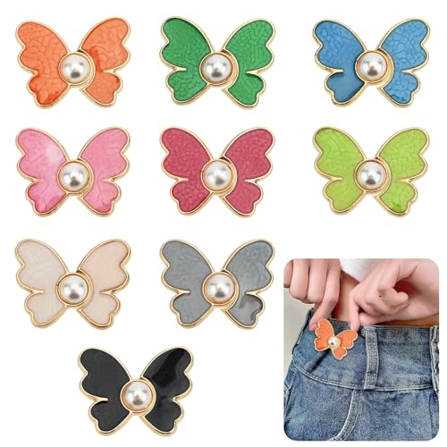 Bekecidi 9 Stück Jeans-Knopfnadeln, Schmetterlings Hosen Taillenspanner, verstellbare Taillenschnallen Verlängerungsknöpfe Hosen-Taillenspanner-Clips abnehmbare Taillenversteller-Clips für Jeans Hosen von Bekecidi